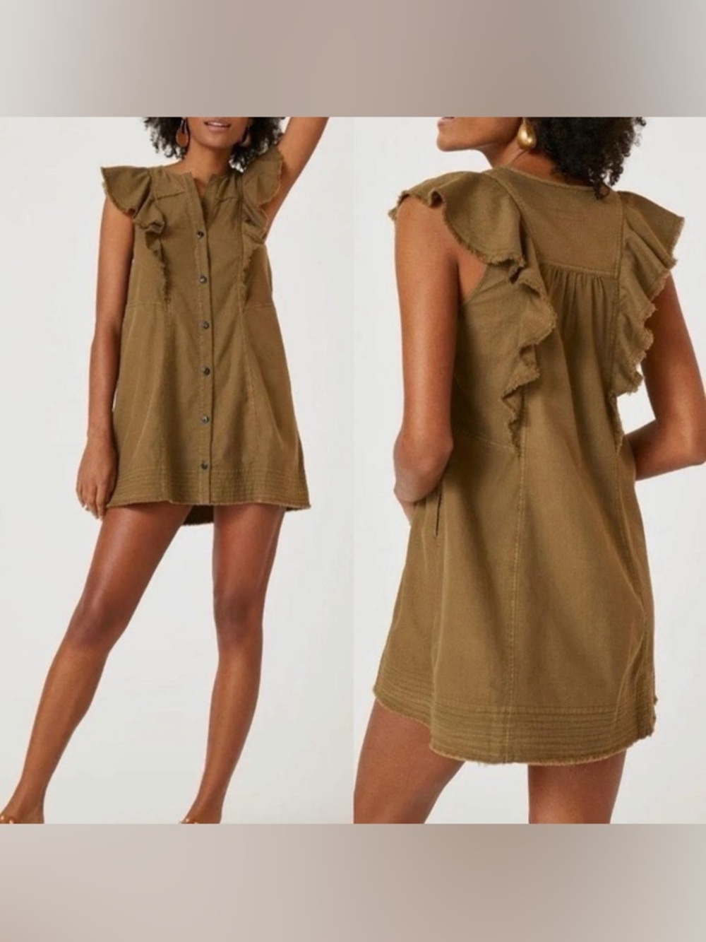Anthropologie Pilcro Olive Green Flutter-Sleeve Buttondown Tunic Dress L